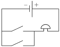 Схема соединения гальванического элемента, звонка и двух кнопок, расположенных так, чтобы можно было позвонить из двух разных мест.