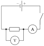 Схема цепи, состоящая из источника тока, амперметра, спирали из никелиновой проволоки, ключа и параллельно присоединённого к спирали вольтметра.